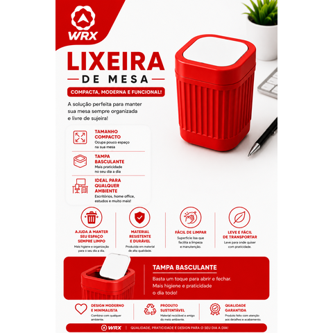 Lixeira de Mesa Compacta com Tampa Basculante:Vermelho