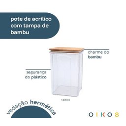 Pote Hermético 1,4l com Tampa de Bambu Transparente Quadrado - 3