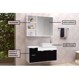 Conjunto Gabinete Banheiro C/ Espelheira - Cj Turin 80 Cm - Branco / Preto - 2