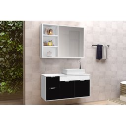 Conjunto Gabinete Banheiro C/ Espelheira - Cj Turin 80 Cm - Branco / Preto - 1
