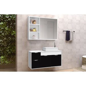 Conjunto Gabinete Banheiro C/ Espelheira - Cj Turin 80 Cm - Branco / Preto