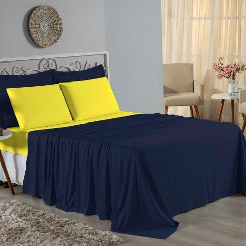 Jogo de Cama Casal Viúva Nobre 4 Peças Malha 100% Algodão - Azul-marinho / Amarelo
