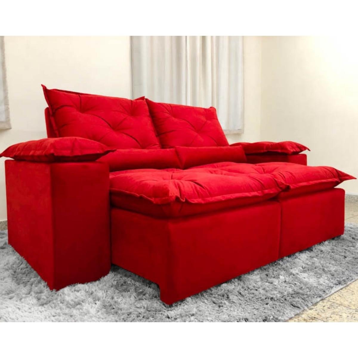 Sofa Reclinavel Retratil Design Elegante Athena 2,30m Veludo Cor:Vermelho