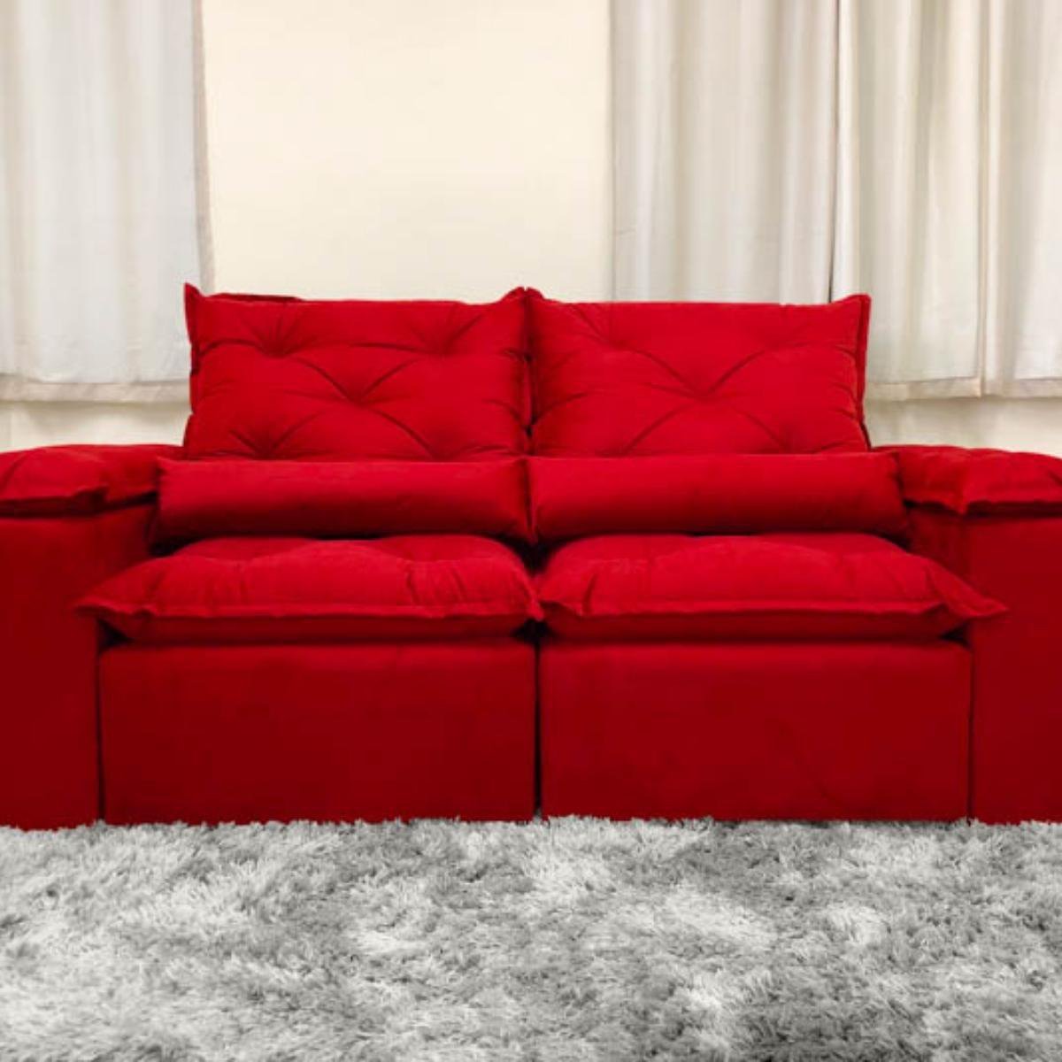 Sofa Reclinavel Retratil Design Elegante Athena 2,30m Veludo Cor:Vermelho - 6