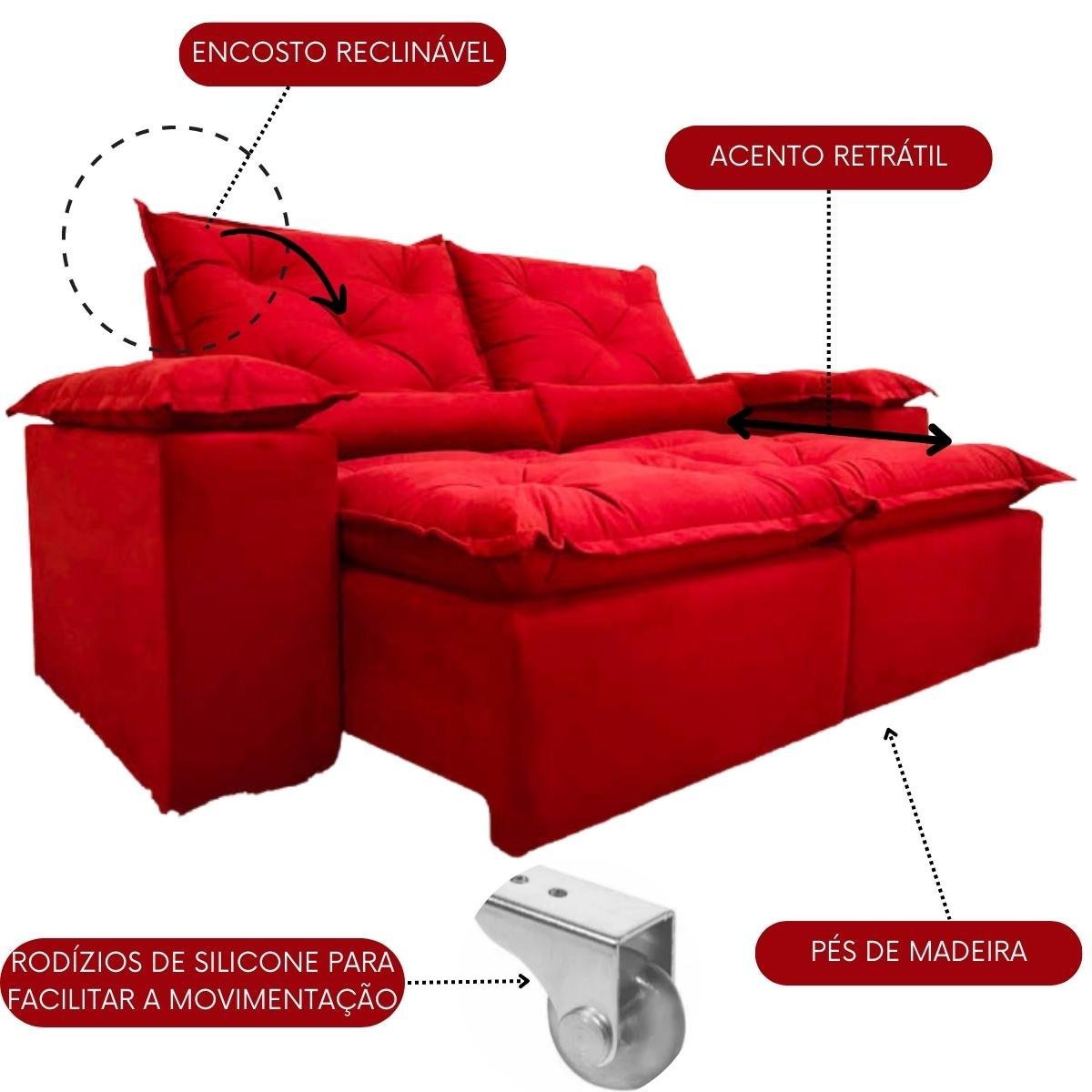 Sofa Reclinavel Retratil Design Elegante Athena 2,30m Veludo Cor:Vermelho - 2