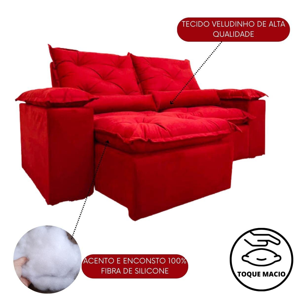 Sofa Reclinavel Retratil Design Elegante Athena 2,30m Veludo Cor:Vermelho - 4