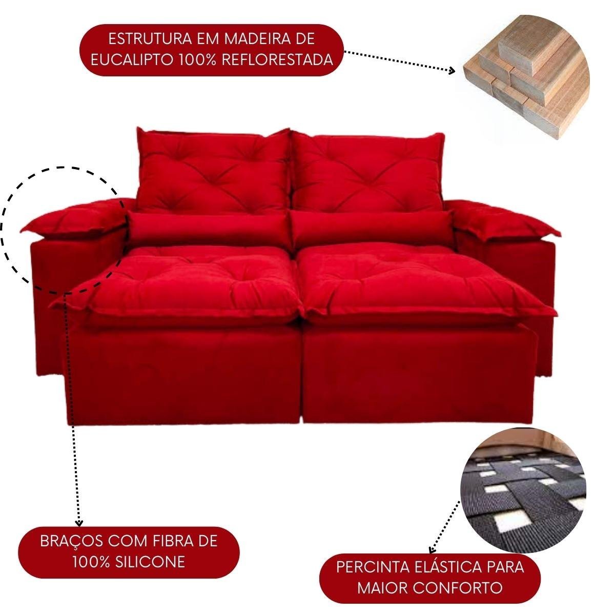 Sofa Reclinavel Retratil Design Elegante Athena 2,30m Veludo Cor:Vermelho - 3