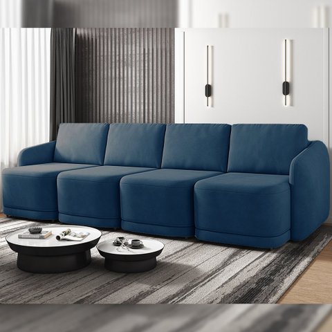 Sofá Cama Modulado Retrátil e Reclinável Decorativo Varsóvia 396cm Veludo Azul Marinho G33 - Gran Be