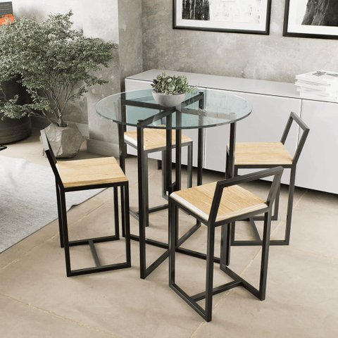 Conjunto Mesa 4 Cadeiras Pinus Tampo Vidro Redondo Industrial Black
