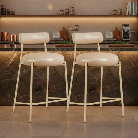 Banqueta Cozinha Alta com Encosto Kit 2 Industrial Champanhe Londres PU Facto D03 - D'Rossi