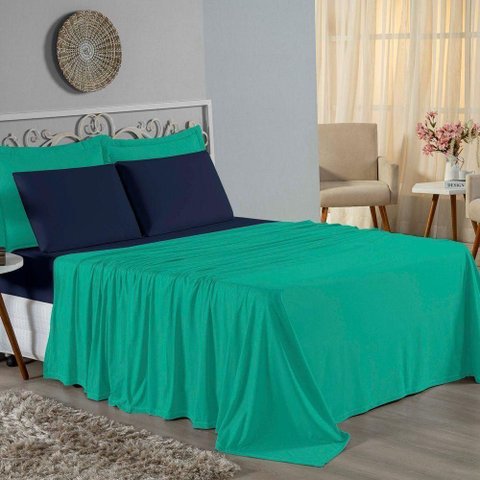 Jogo de Cama Casal Viúva Nobre 4 Peças Malha 100% Algodão - Jade / Azul-marinho