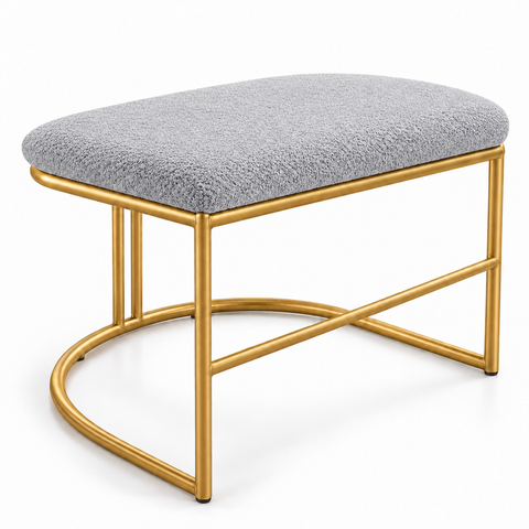 Puf Poltrona Lua Premium Base Metal Dourada Boucle Cinza Claro