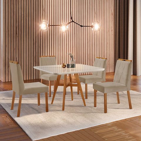 Conjunto Sala de Jantar Mesa Atenas Madeira Maciça 90x90cm Tampo Quadrado Vidro Off White com 4 Cade