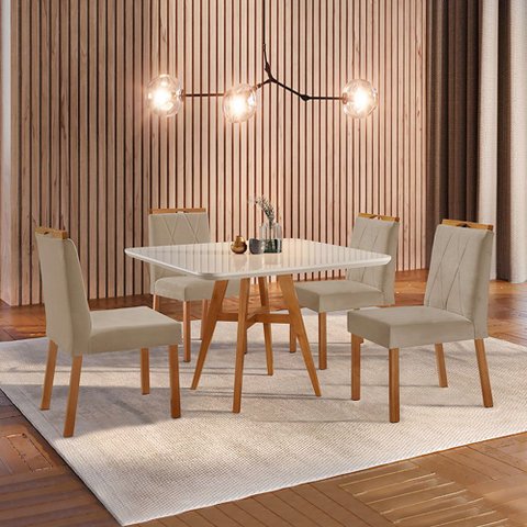 Conjunto Sala de Jantar Mesa Atenas Madeira Maciça 90x90cm Tampo Quadrado Vidro Off White com 4 Cade
