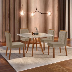 Conjunto Sala de Jantar Mesa Atenas Madeira Maciça 90x90cm Tampo Quadrado Vidro Off White com 4 Cade