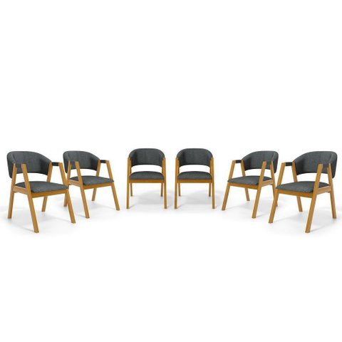 Kit com 6 Cadeiras Leticia Madeira Maciça Estofada para Mesa de Jantar Linho Chumbo 406