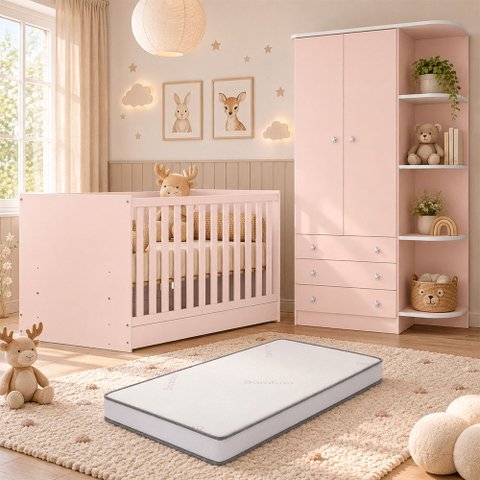 Kit Quarto de Bebê Doce Sonho com Berço Mini Cama Guarda Roupa 2 Portas e Colchão D18 130x70 Movellu