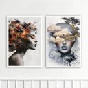Ver imagem 2 de Kit 2 Quadros Rosto de Mulher com Flores 33x24cm - com Vidro:moldura Preta