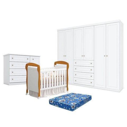 Quarto de Bebê Americano 6 Portas com Berço Danny Branco Acetinado Savana Reller e Colchão TendTudo 