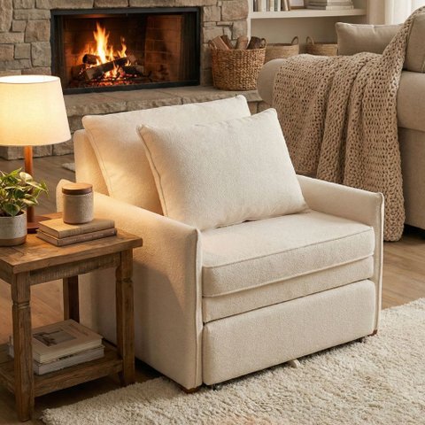 Poltrona Sofá Cama Mônica Confortável Sala Estar Retrátil Bouclê Bege - Montanari's Decor