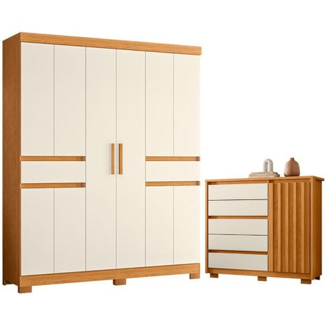 Guarda Roupa Casal Olimpia 10 Portas e Cômoda Sapateira Duetto Cinamomo Off White - Móveis