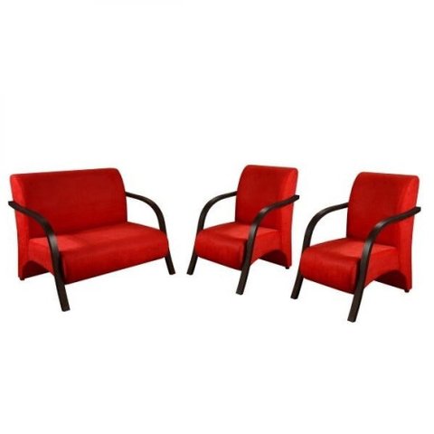 Kit 3 Peças Poltrona Braço Madeira Suede Tecido Vermelho