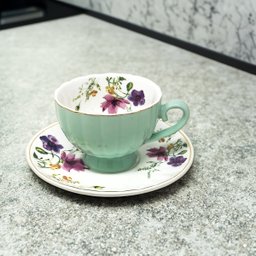 Jogo 6 Xícaras de Chá 200ml C/ Pires Amarelo Floral Cerâmica Premium Cozinha Louças Café 12pçs - 4