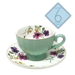 Jogo 6 Xícaras de Chá 200ml C/ Pires Amarelo Floral Cerâmica Premium Cozinha Louças Café 12pçs - 6