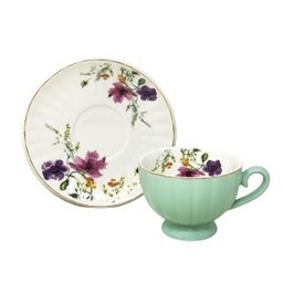 Jogo 6 Xícaras de Chá 200ml C/ Pires Amarelo Floral Cerâmica Premium Cozinha Louças Café 12pçs - 1