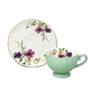 Jogo 6 Xícaras de Chá 200ml C/ Pires Amarelo Floral Cerâmica Premium Cozinha Louças Café 12pçs