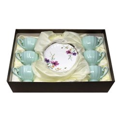 Jogo 6 Xícaras de Chá 200ml C/ Pires Amarelo Floral Cerâmica Premium Cozinha Louças Café 12pçs - 3