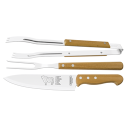 Jogo para Churrasco Tramontina com Lâminas em Aço Inox e Cabos de Madeira Natural 3 Peças - 22399075 - 1