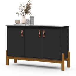 Buffet Aparador Balcão 3 Portas Sonetto Puxador em Couro para Sala Jantar - 4