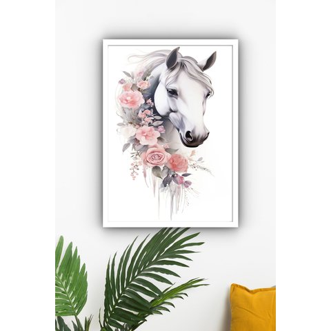 Quadro Decorativo Cavalo Colar Flores - 70x50cm:moldura Preta