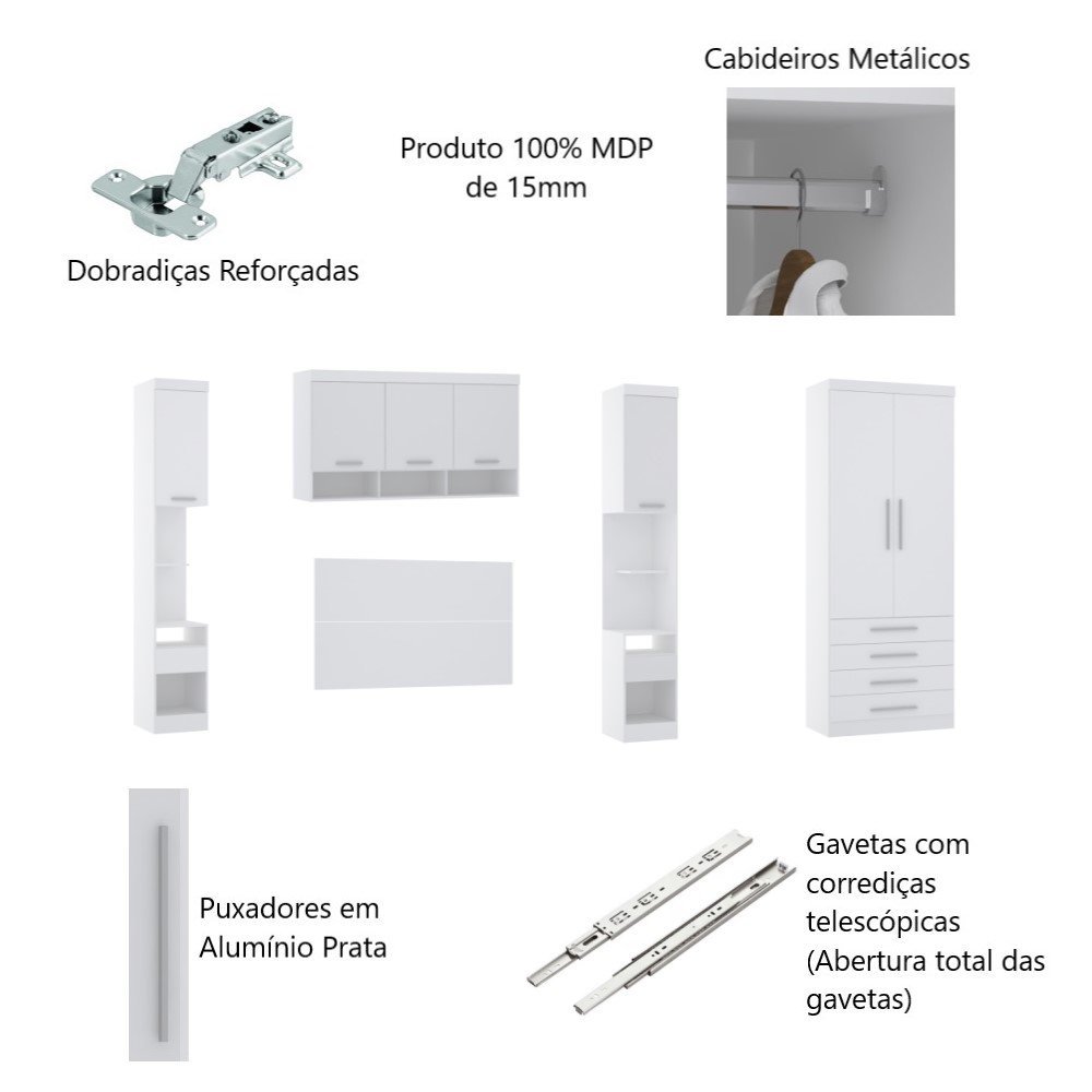 Guarda Roupa Dormitório Modulado Alpes Casal 1,38 m - Roupeiro Luciane M02:Branco - 3