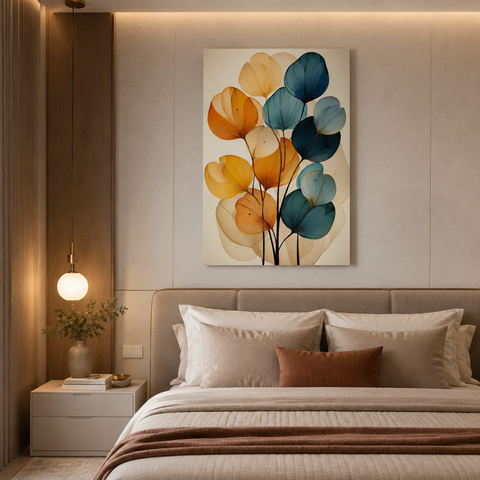Quadro Decorativo Botânico Abstrato Azul e Terracota Canvas