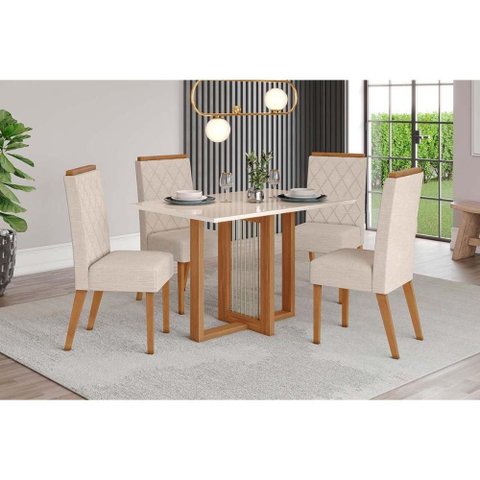 Conjunto: Mesa de Cozinha Natalí C/ Tampo Madeirado C/ Vidro Reto 120x80cm e 4 Cadeiras Nina Nature
