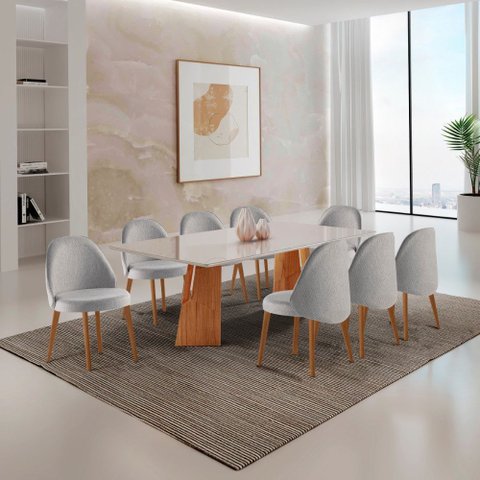 Sala de Jantar Mesa Florida 220cm Tampo Laqueado com Vidro e 8 Cadeiras Suiça