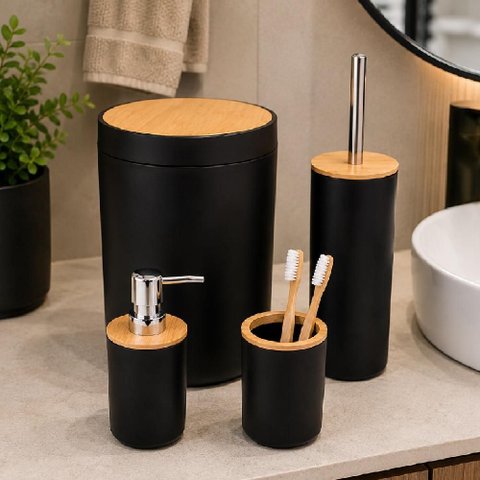 Kit Banheiro 4 Peças com Lixeira 6L Tampa Bambu Preto