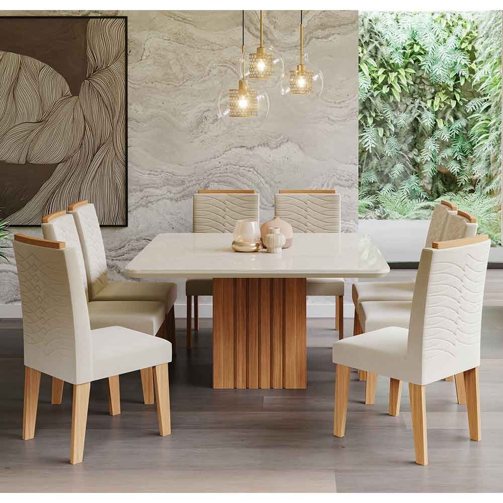 Conjunto Sala De Jantar Tampo Mdf/vidro 8 Cadeiras Nola Nature/off  White/marrom