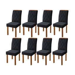 Kit 8 Cadeiras de Jantar Estofada Iza Base Madeira Maciça Tecido Veludo Preto - 1
