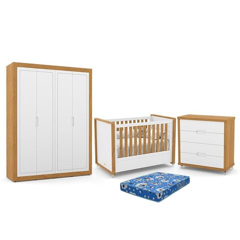 Dormitório Tutto New 4 Portas, Cômoda 4 Gavetas e Berço Branco Soft/Freijó com Colchão - Matic Móvei