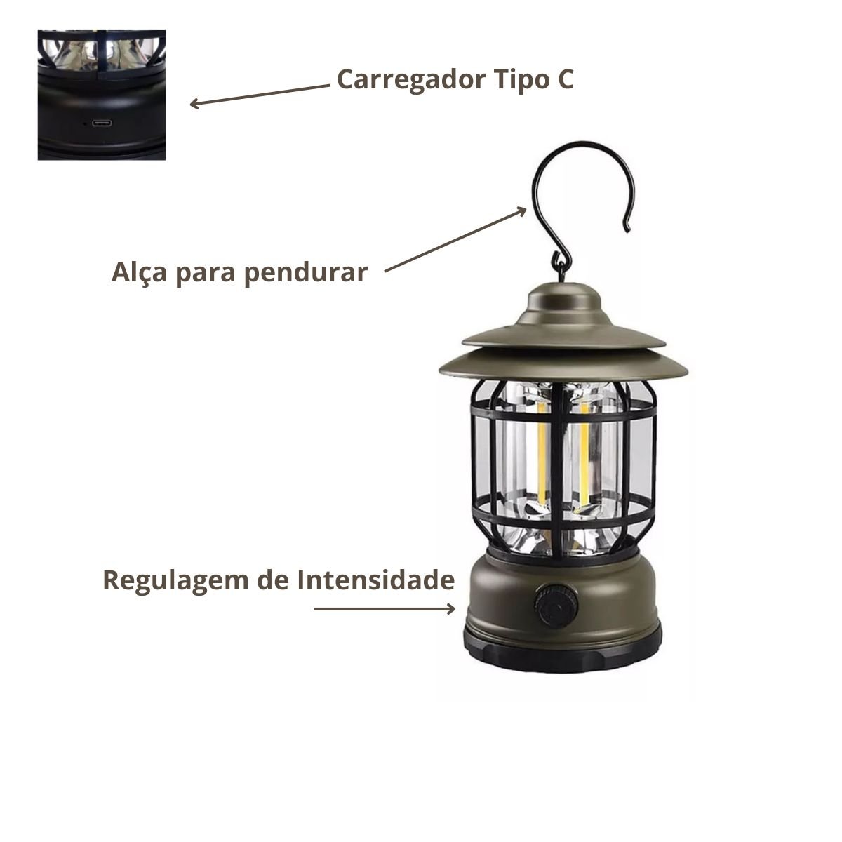 Lampião Retro Led Recarregavel Usb Tipo C Luminária Portátil:verde - 3