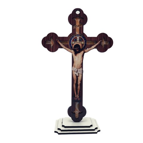 Crucifixo Cruz Medalha de São Bento Mesa e Parede Madeira 15 Cm