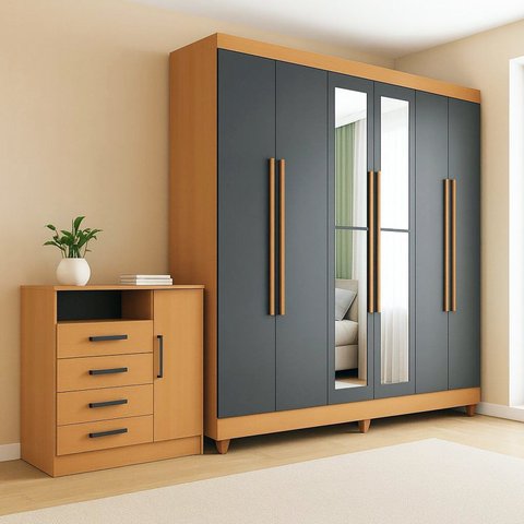 Guarda-Roupa Casal com Espelho 6 Portas 2 Gavetas 202x184cm e Cômoda 4 Gavetas e 1 Porta Apolo Marrom/Freijó/Grafite