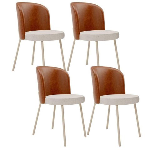 Kit 4 Cadeiras Sala de Jantar Estofada Gavi Arena L02 Couríssimo Camel Linho Cru Lyam Decor