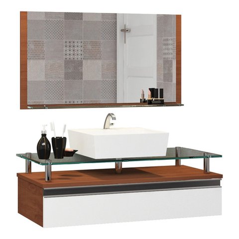 Conjunto Gabinete Banheiro Ametista 80cm com Tampo de Vidro:natura/branco/branco/um Furo