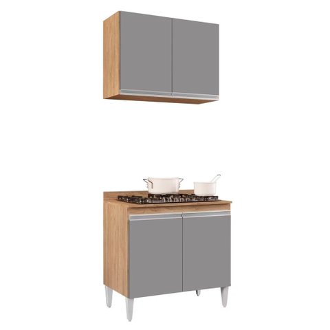 Kit Armário Aéreo e Balcão para Cooktop de Cozinha 02 Portas Diana 80 cm - D’Rossi Castanho e