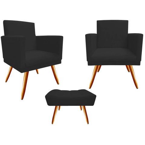 Kit 2 Poltronas Decorativa Nina + Puff Retangular Suede Preto Pés Madeira Ms Decor