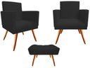 Ver imagem 1 de Kit 2 Poltronas Decorativa Nina + Puff Retangular Suede Preto Pés Madeira Ms Decor
